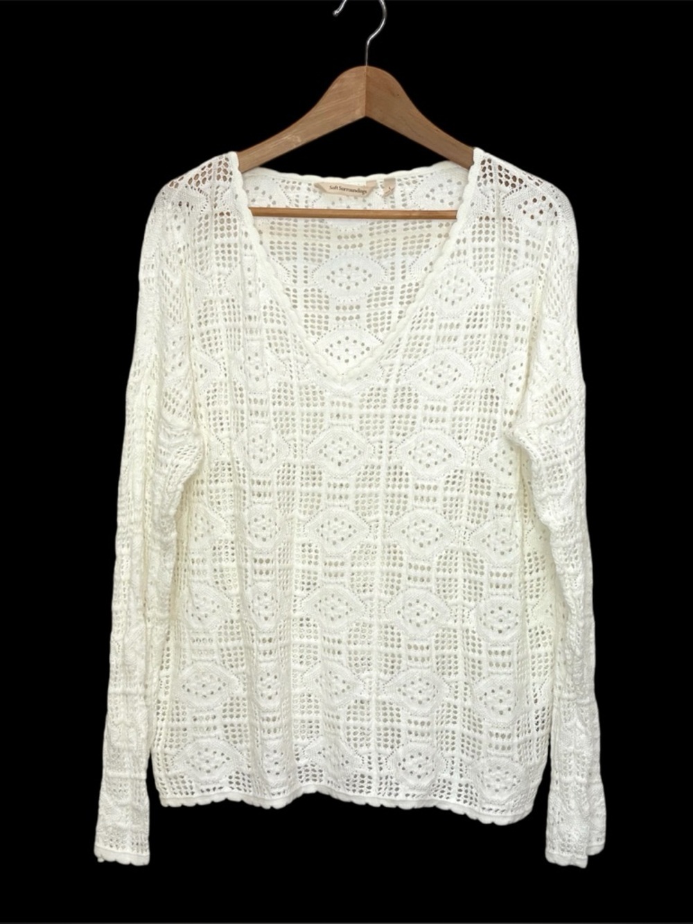 Soft Surroundings Pointelle Eyelet Crochet Knit Cotton Sweater Size Large White
